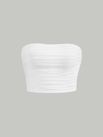 SHEIN MOD White Summer Solid Ruched Crop Tube Mesh Top | SHEIN