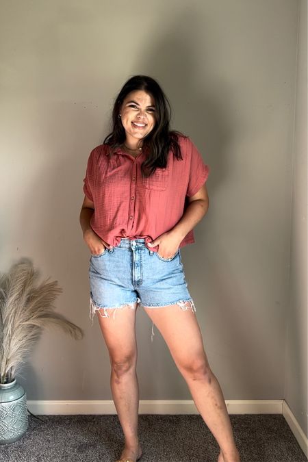 This super casual Jean shorts outfit is a great way to be comfortable, but not just wearing a T-shirt. These mid rise jeans are size 12 and fit great. 30% off with code hurry

#LTKcurves #LTKsalealert #LTKSeasonal