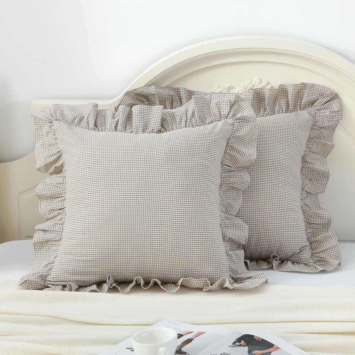 Blue/White Plaid Ruffle Throw Pillow Covers Farmhouse Checkered Gingham 18"x18" Vintage Washed Co... | Amazon (US)