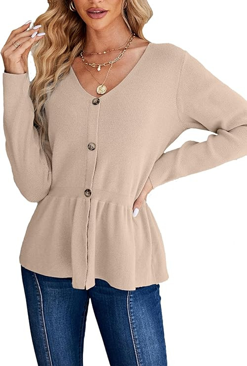 Miessial Women's Lightweight Ribbed Knit V Neck Sweater Fall Long Sleeve Peplum Pullover Sweater ... | Amazon (US)