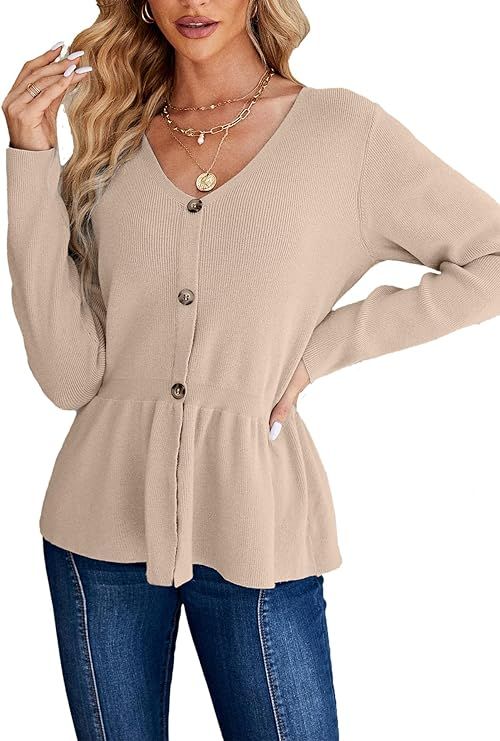 Miessial Women's Lightweight Ribbed Knit V Neck Sweater Fall Long Sleeve Peplum Pullover Sweater ... | Amazon (US)