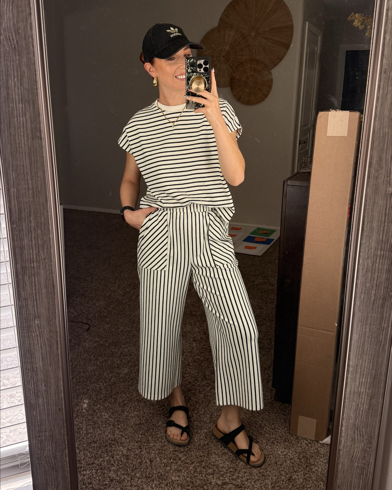 Beige and black striped set side M.
Black cork sandals- sized up to an 8, normally a 7.5.
Gold hypoallergenic jewelry from Amazon.
Black and gold adidas hat form @tjmaxx but linked it on other sites.

#LTKmomlife #LTKootd #LTKPetite