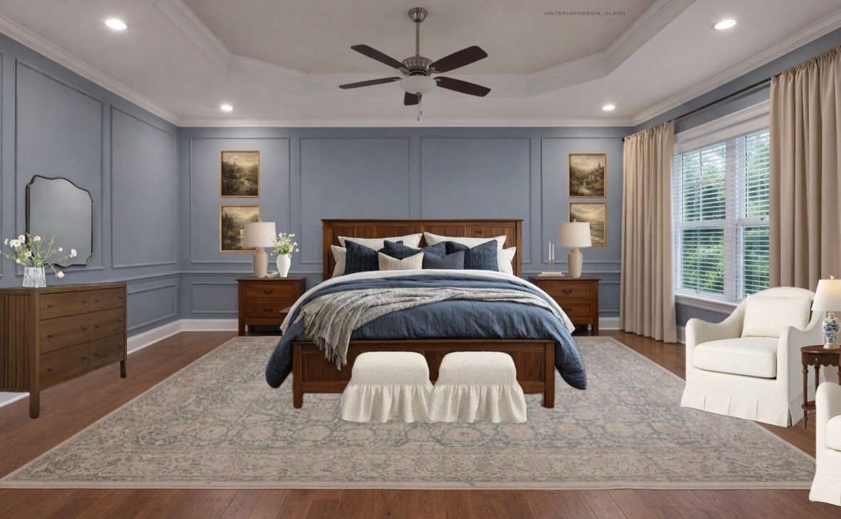 A timeless blue bedroom that feels calm, cozy, and effortlessly elegant 🤍
This traditional bedroom design focuses on layered bedding, warm wood furniture, tailored wall molding, and soft neutral accents to create a space that feels both inviting and elevated. The blue walls add depth without overpowering the room, while the symmetrical layout and classic artwork keep everything feeling balanced and intentional.

This is the kind of bedroom that never goes out of style comfortable, polished, and designed to feel like a true retreat at the end of the day.

🛏️ Shop the bed, bedding, nightstands, lamps, rug, and artwork linked here.
