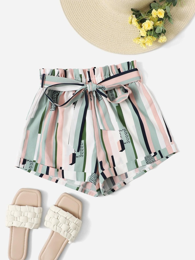 SHEIN VCAY Striped Paper Bag Waist Belted Shorts
       
              
              $8.99      ... | SHEIN