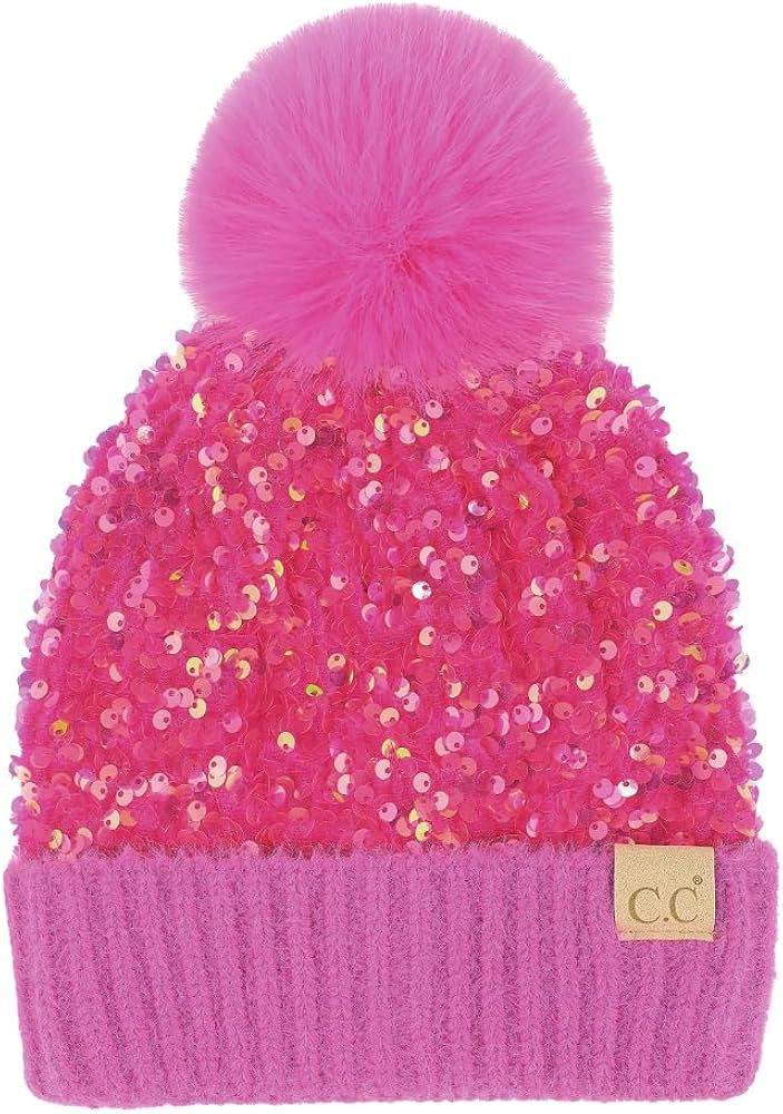C.C Kids Sequin Fur Pom Beanie for Boys Girls - Comfortable Soft Warm Children Youth Knit Skully ... | Amazon (US)