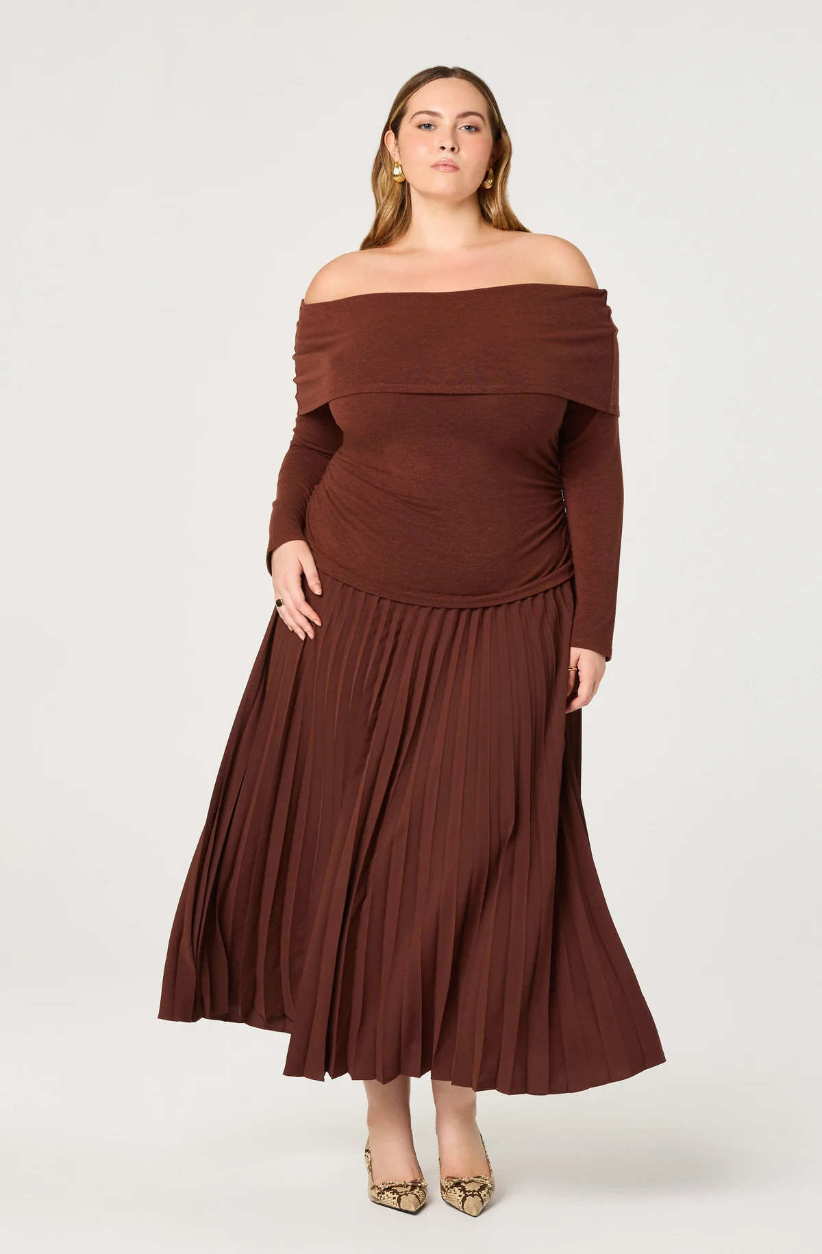Tanaia Pleated Mixed Media Dress - Plus Size - Brown / 1X | ASTR The Label (US)