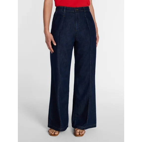 Time and Tru Women's High Rise Drapey Pleated Wide Leg Jeans, 30" Inseam, Sizes XS-XXXL | Walmart (US)