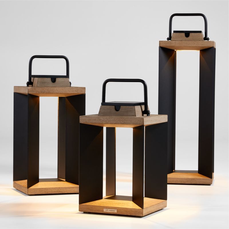 Les Jardins Blade Weathered Teak LED Outdoor Solar-Powered Lanterns | Crate & Barrel | Crate & Barrel