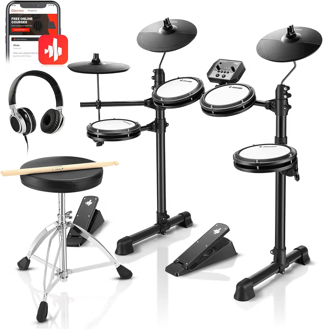 Donner DED-80 Electronic Drum Set with 4 Quiet Mesh Pads, 180+ Sounds, 2 Pedals, Throne, Headphon... | Amazon (US)