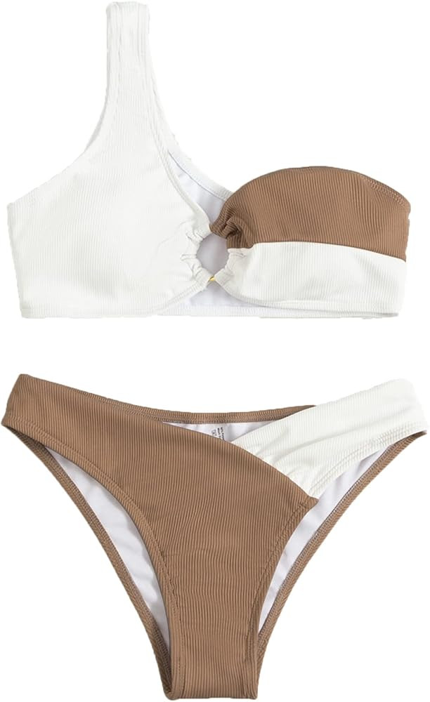 SweatyRocks Women's Two Piece Bathing Suit Color Block One Shoulder Ribbed Bikini Swimsuit | Amazon (US)