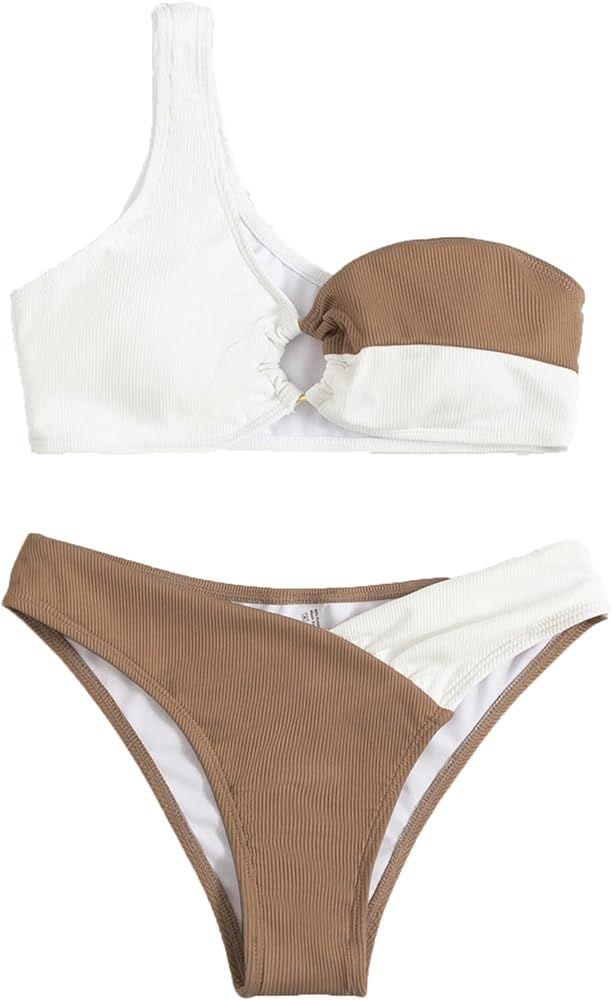 SweatyRocks Women's Two Piece Bathing Suit Color Block One Shoulder Ribbed Bikini Swimsuit | Amazon (US)