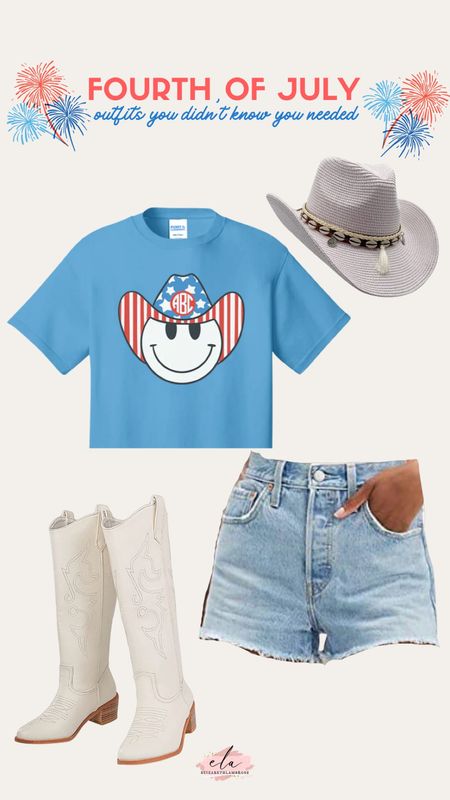Fourth of July outfit inspo!
Love this graphic tee from United monograms! 
Super cute!

#inspo #cowgirl #fourthofjuly #summer #boots #hat #coastal

#LTKSeasonal #LTKU #LTKstyletip