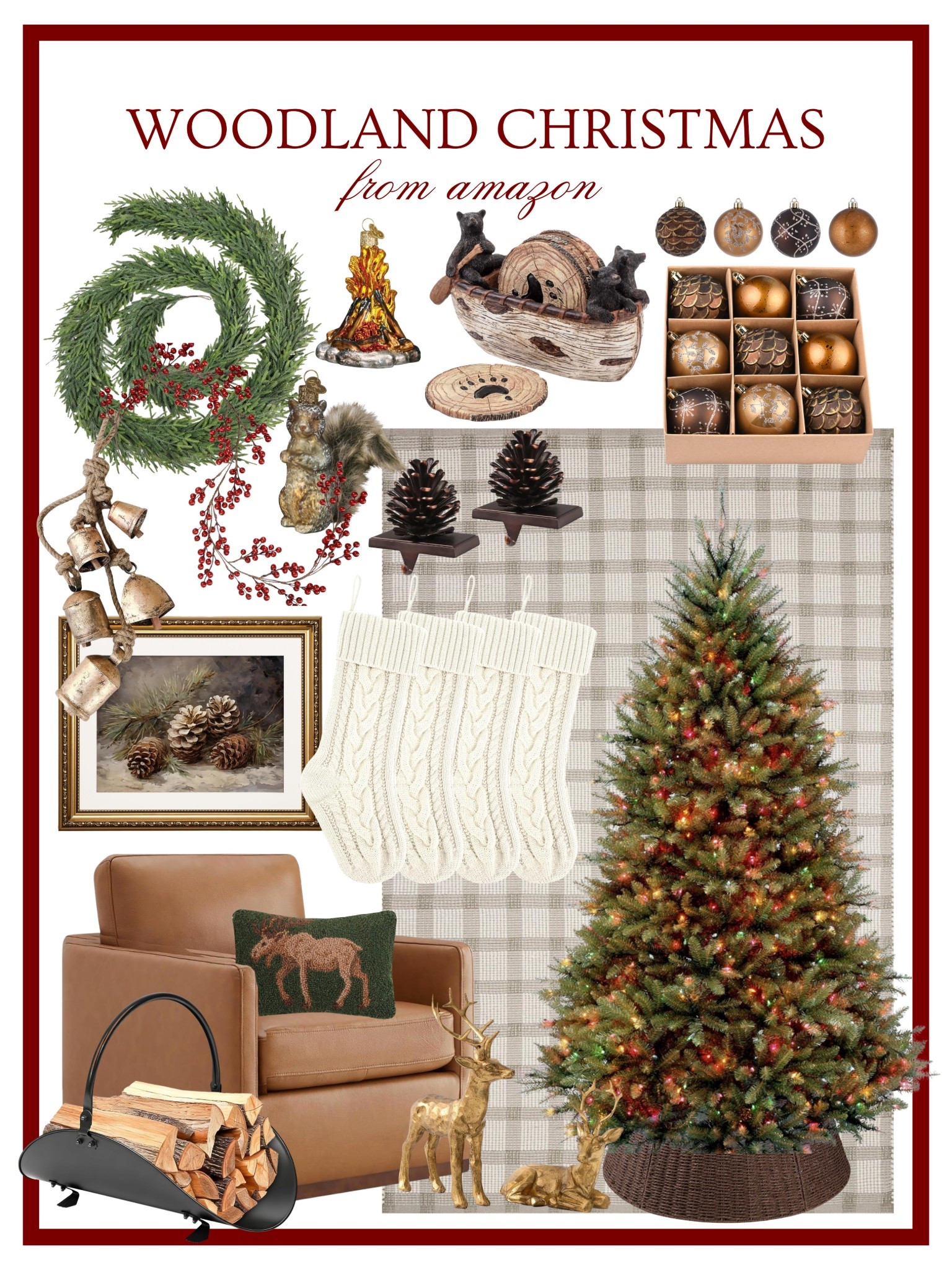 Woodland Christmas decor from Amazon 🌲🫎 Amazon Home, Amazon Christmas Decor, Log Cabin Inspiration, Winter Home Decor, Outdoorsy Aesthetic, Faux Christmas Tree Colored Lights 

#LTKHoliday #LTKSeasonal #LTKHome