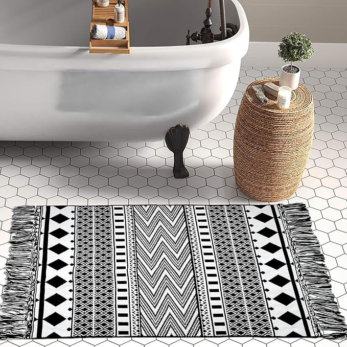 Upgraded Boho Bathroom Rug 2'x3', 100% Woven Geometric Rug for Bedroom Black and White Rug Bohemi... | Amazon (US)