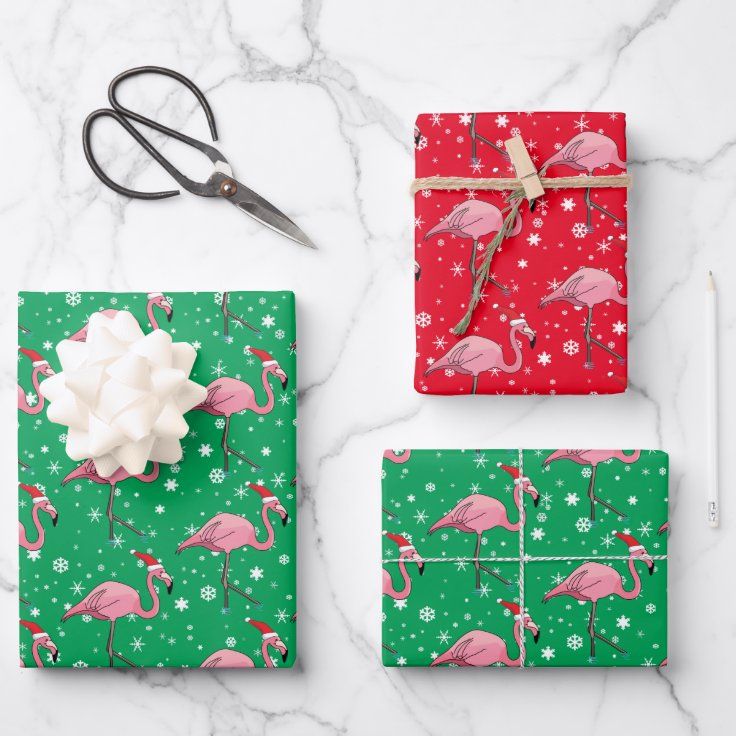 Flamingoes in  Santa Hats Christmas Wrapping Paper Sheets | Zazzle | Zazzle