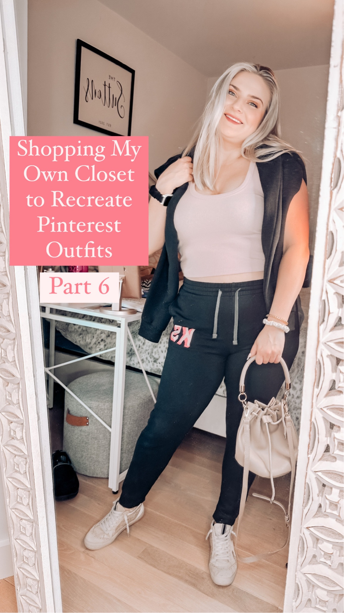 Shopping My Own Closet to Recreate Pinterest Outfits: Part 6🩷

Tank top: M
Jogger/sweatshirt set (2 letter monogram style, front thread: pale pink, back thread: neon pink): L top, M bottom
Shoes are TTS