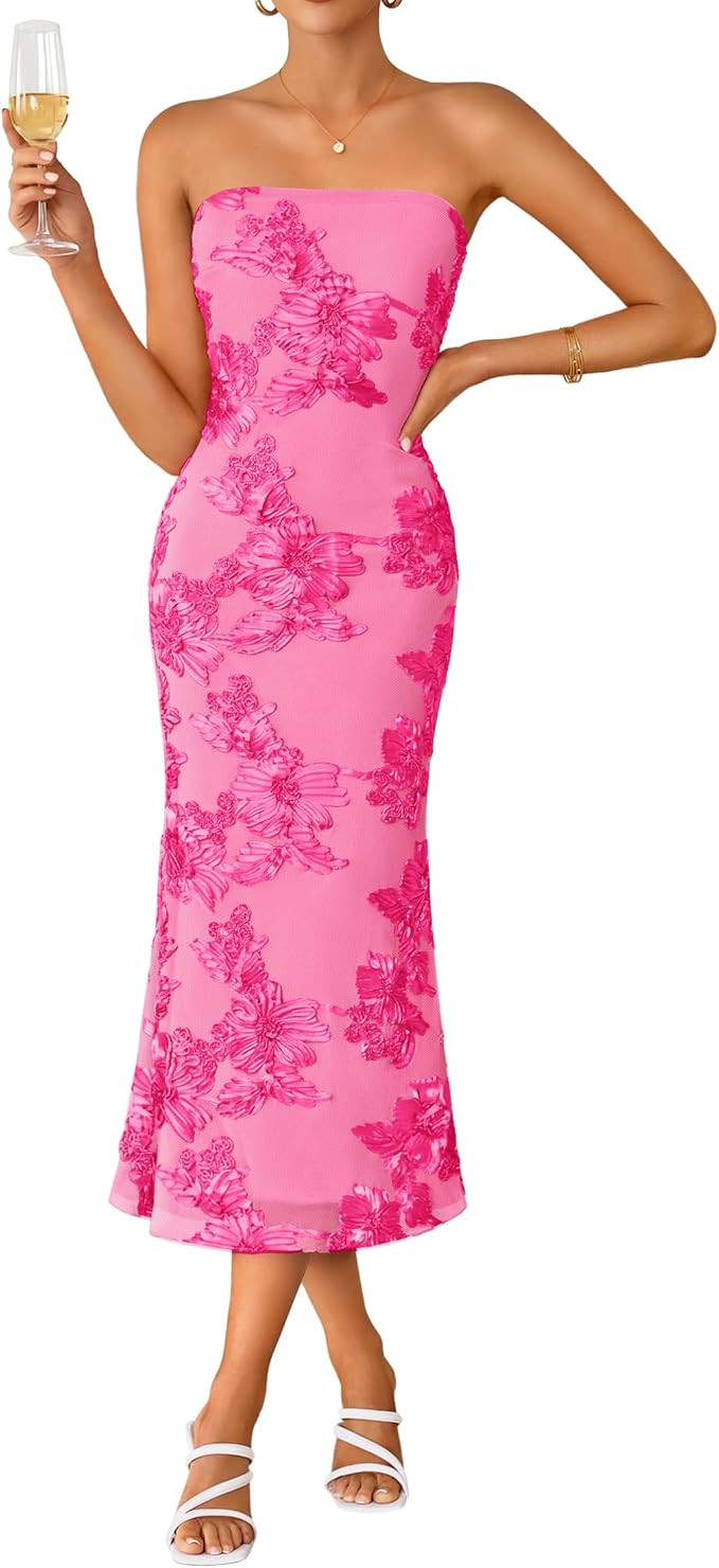 ZESICA Women's Summer Strapless Floral Midi Dress 2026 Bodycon Mesh Tube Wedding Guest Cocktail P... | Amazon (US)