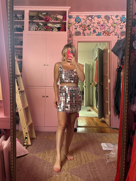 Nasty Gal Eras Tour Try-on - Mirrorball Disc Sequin Square Neck Crop Top and Mirrorball Disc Sequin Ring Split Mini Skirt - wearing size 8 in both

#LTKStyleTip #LTKFestival #LTKParties