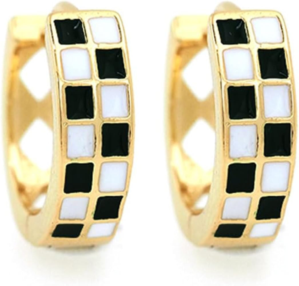 Checkered Earring For Women, Dainty Circle Checker Hoop Earrings, 18K Gold Plated Filled Enamel C... | Amazon (US)
