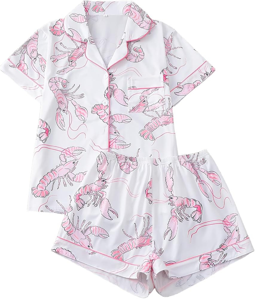Women's 2 Piece Pajamas Set Short Sleeve Button Down Shirt and Shorts Cute Print Sleepwear Pjs Se... | Amazon (US)