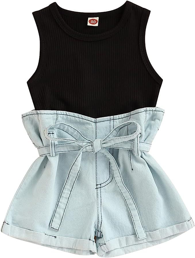 AEEMCEM Kids Toddler Baby Girls 2Pcs Summer Outfits Sleeveless Ribbed Knit Tank Tops Denim Shorts... | Amazon (US)