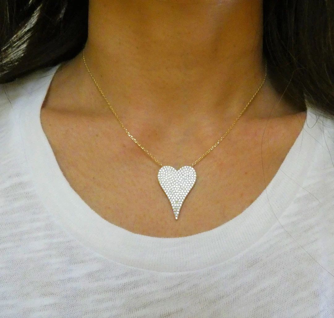 Heart Necklace, Elongated Heart Necklace, Pave Heart Necklace, Large Heart Necklace, Dainty Neckl... | Etsy (US)