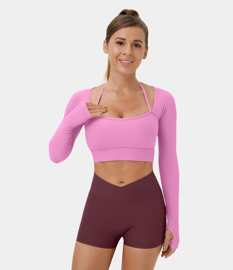 Ribbed Halter Strap Thumb Hole Cropped Yoga Sports Top | HALARA
