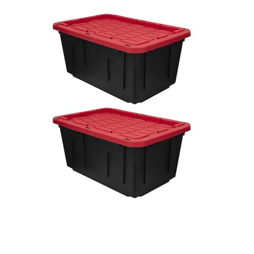 TnLoji 2 pack, 27 Gallon Snap Lid Plastic Storage Tote Box, Plastic Storage Bin Tote Organizing Container With Lid, Stackable & Nestable, Black Red | Amazon (US)