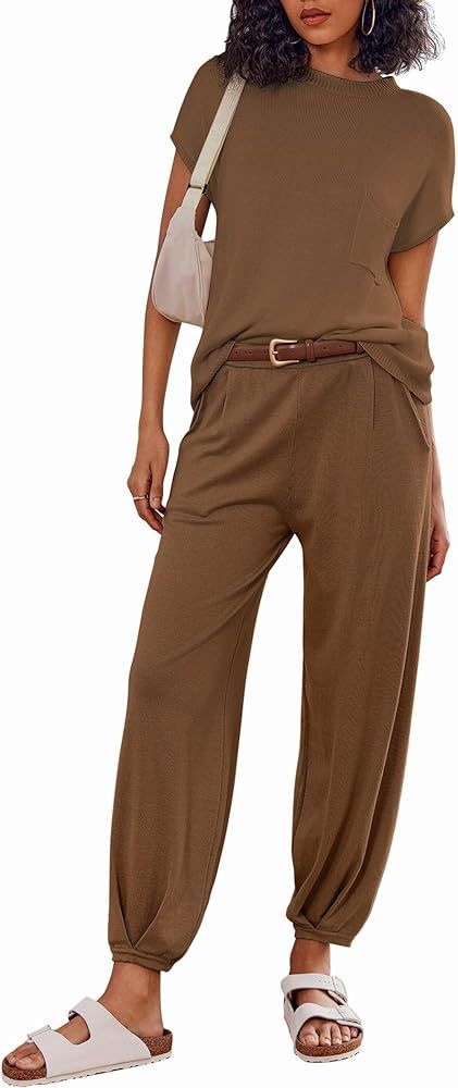 Ekouaer Women's 2 Piece Lounge Set Cap Sleeve Tops and Jogger Pants Knit Pajama Sweatsuit S-XXL | Amazon (US)