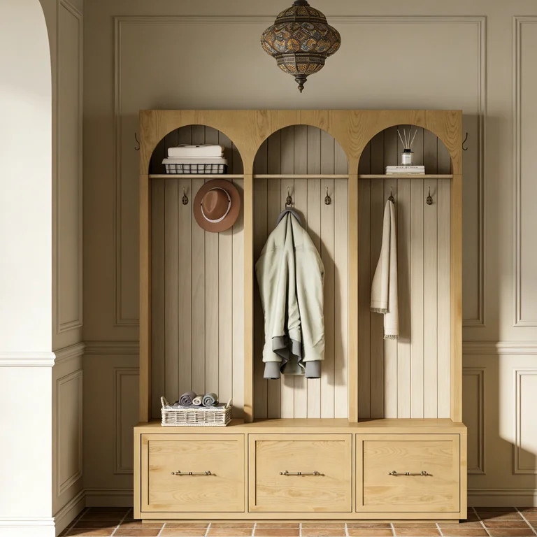 Oak Natural Farmhouse Hall Tree with Arched Design, Entryway Bench with Coat Hooks & Shoe Storage... | Walmart (US)