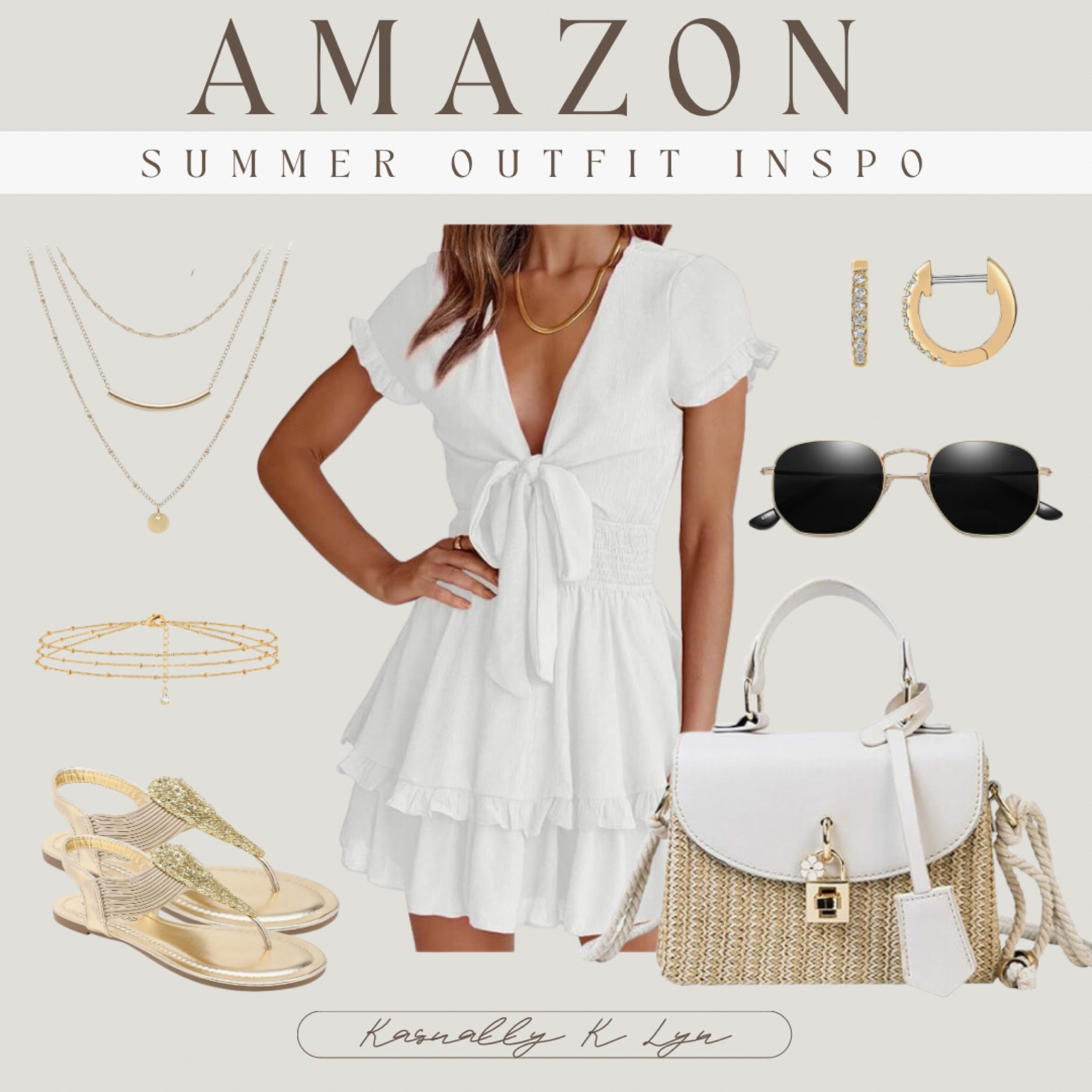 Amazon Summer Outfit Inspo!! white front tie v neck short sleeve mini dress. mini straw woven cross-body shoulder bag. gold elastic string thong ankle strap sandals. dainty layered choker necklaces. gold rhinestone earrings. gold chain simple jewelry bracelet. hexagonal polarized sunglasses. 

#LTKFindsUnder50 #LTKSummerSales #LTKStyleTip
