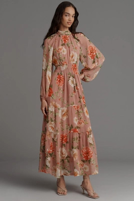 The Somerset Long-Sleeve Mock-Neck Chiffon Maxi Dress | Anthropologie (US)