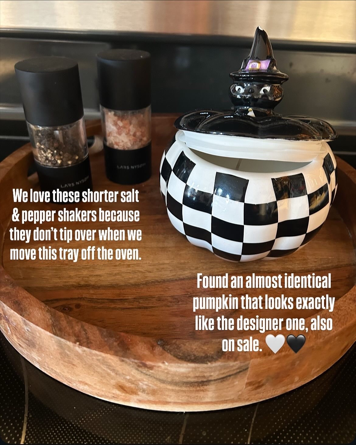 Salt shakers, wooden tray black and white pumpkinn

#LTKHome #LTKSaleAlert #LTKHalloween