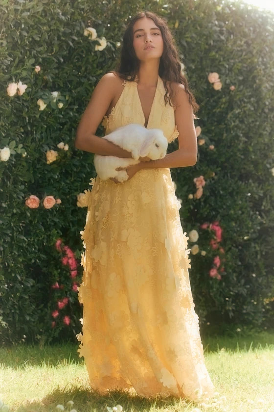 Kennia Light Yellow 3D Floral Embroidered Halter Maxi Dress | Lulus