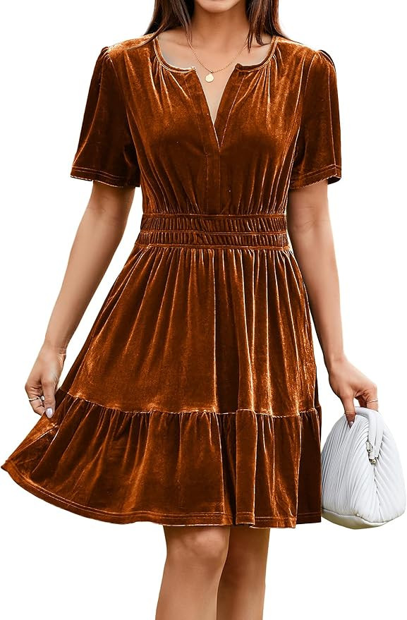 Simplee Women's 2024 Velvet Short Sleeve Cocktail Dress Winter Holiday V Neck Empire Waist Mini P... | Amazon (US)