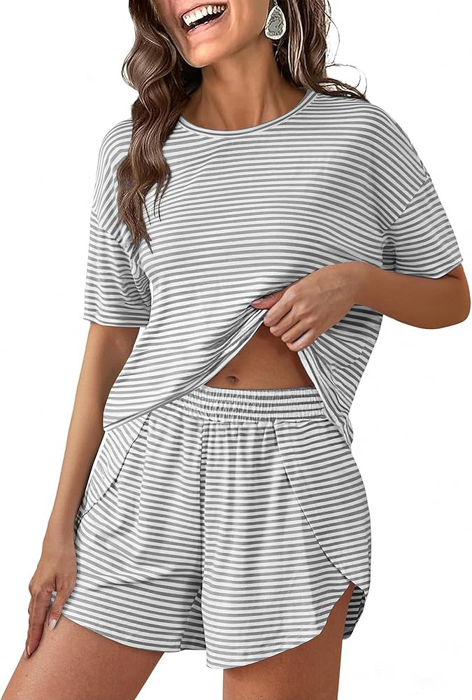 ANRABESS Womens Striped Pajamas Sets 2026 Summer 2 Piece Lounge Matching Short PJ Set Side Split ... | Amazon (US)