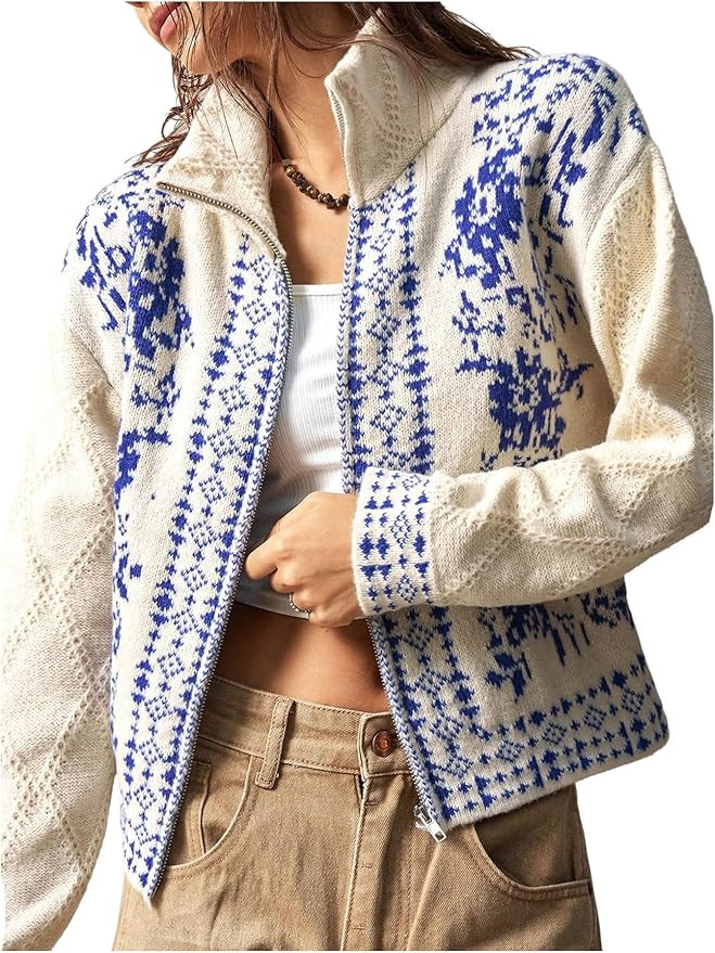 GORGLITTER Women's Bohemian Vintage Graphic Zip Up Cropped Cardigan High Neck Western Long Sleeve... | Amazon (US)