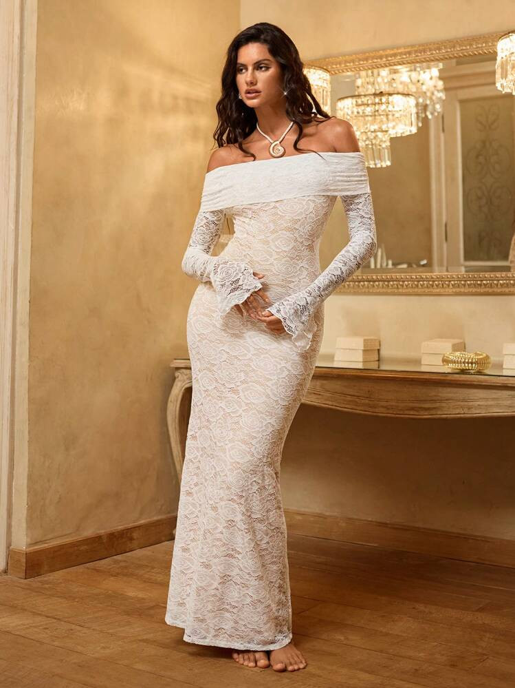 Womens Solid Color Lace Off The Shoulder Long Maxi Dress | SHEIN