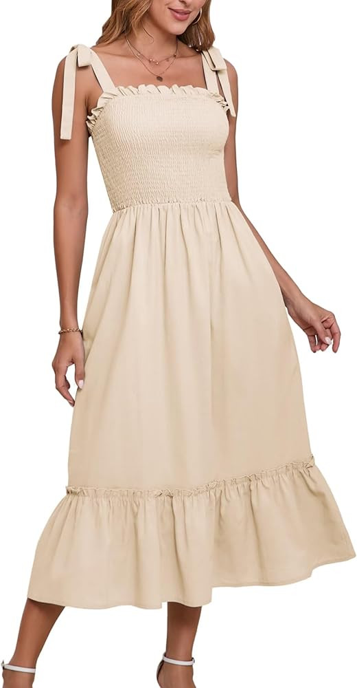 Women Square Neck Ruffle Maxi Dress 2025 Summer Boho Beach Cotton Linen A-Line Spaghetti Strap Lo... | Amazon (US)