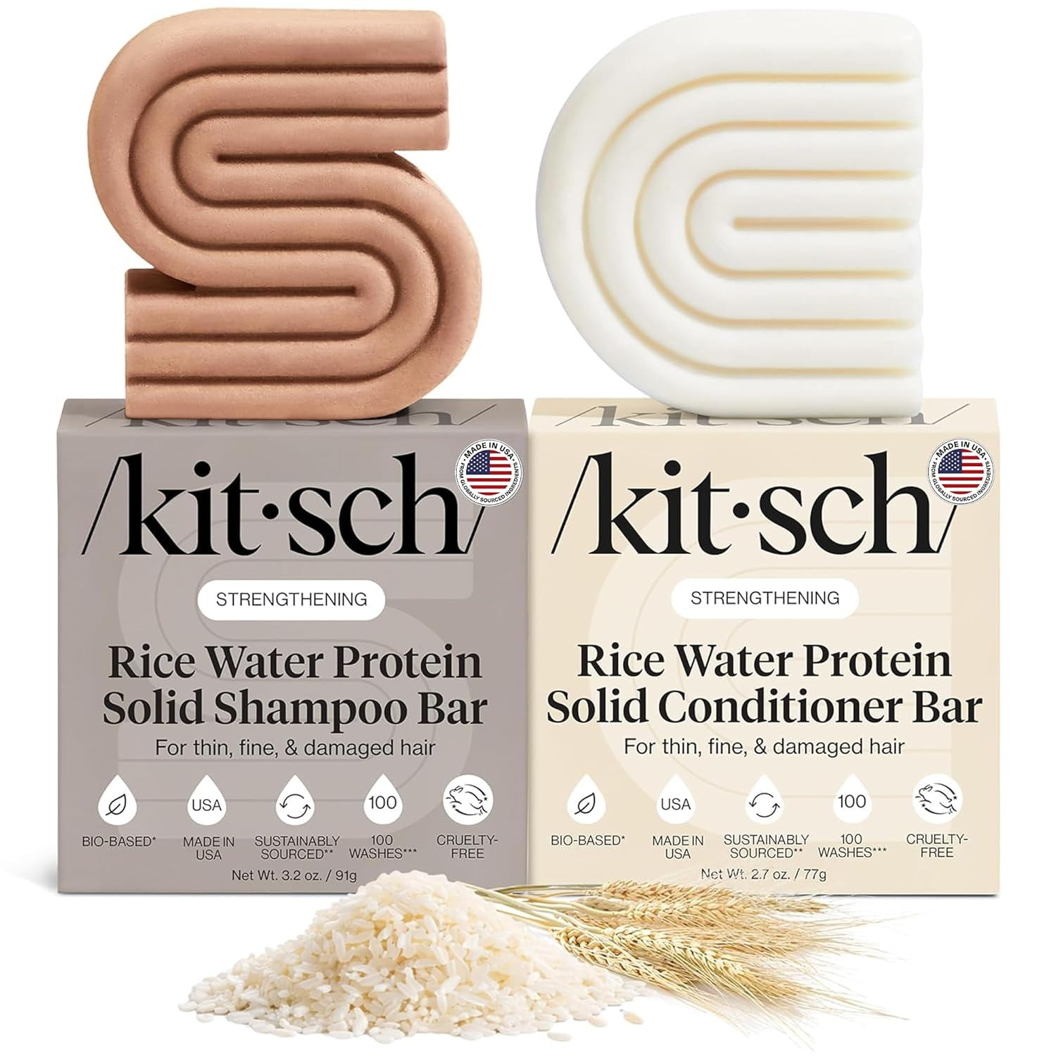Kitsch Rice Bar Shampoo and Conditioner Bar for Hair Growth | Made in US | Rice Shampoo Bar & Conditioner Bar for Strengthening Hair | Rice Water Shampoo Bar & Conditioner Soap | Paraben Free, 2pc Set | Amazon (US)