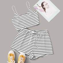 Striped Crop Cami Top & Tie Waist Shorts Set | SHEIN