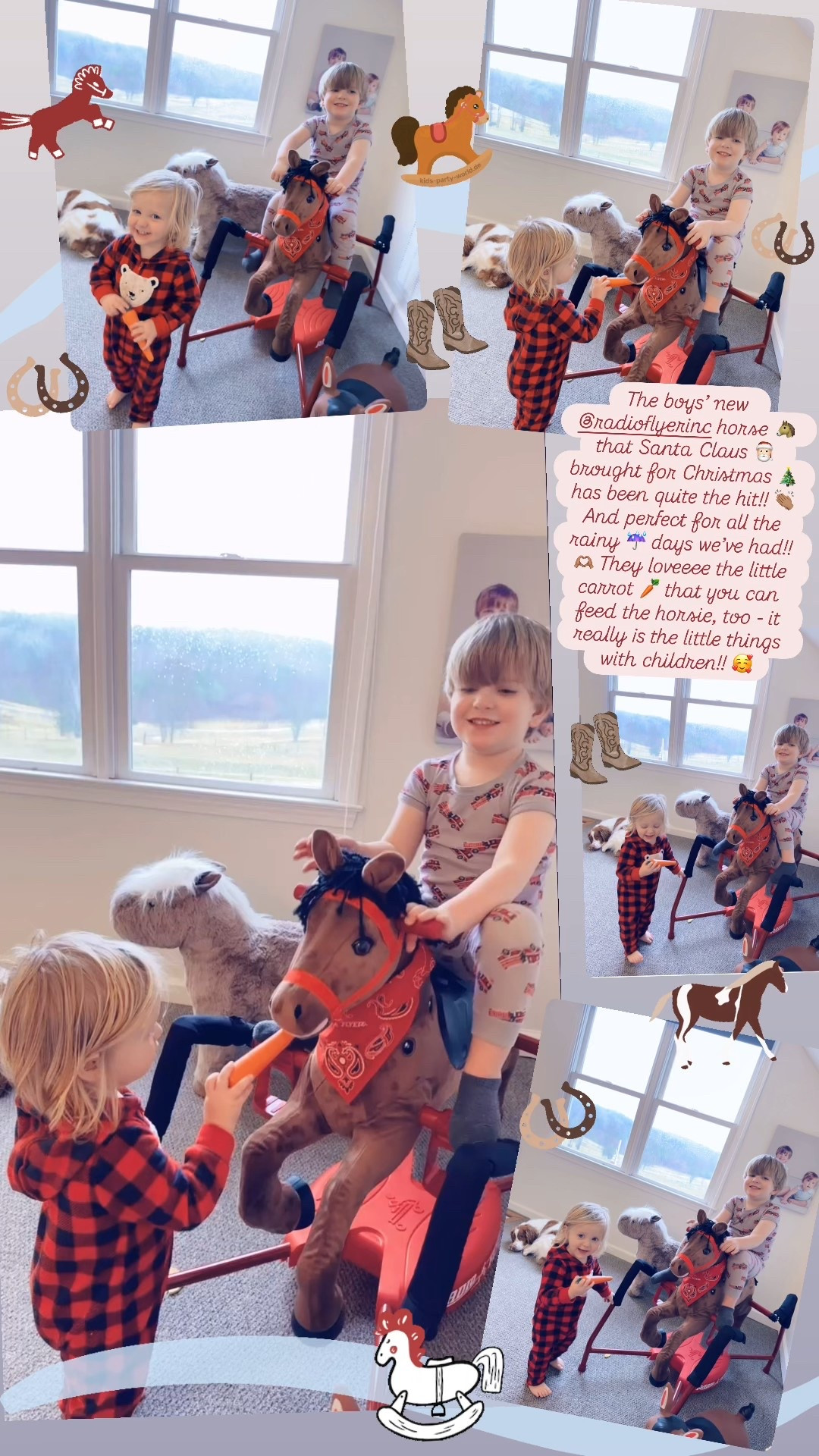 The boys’ new @radioflyerinc horse 🐴 that Santa Claus 🎅🏻 brought for Christmas 🎄 has been quite the hit!! 👏🏽 And perfect for all the rainy ☔️ days we’ve had!! 🫶🏽 They loveeee the little carrot 🥕 that you can feed the horsie, too - it really is the little things with children!! 🥰