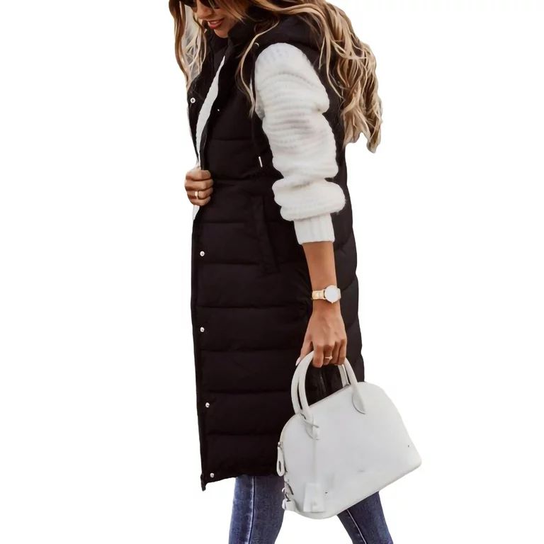 AMILIEe Women's Long Down Vest Zipper Puffer Sleeveless Thick Hooded Jackets Quilted Gilets Coats | Walmart (US)