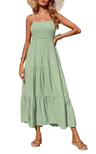 PRETTYGARDEN Summer Dresses for Women 2025 Spaghetti Strap Floral Maxi Dress Sleeveless Smocked Tiered Long Beach Sundress (Bean Green,M) | Amazon (US)