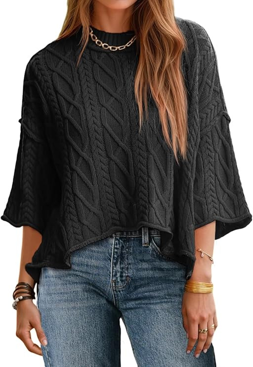 Saodimallsu Womens Cable Knit Cropped Sweaters Oversized 3/4 Sleeve Crew Neck Fall Casual Pullove... | Amazon (US)