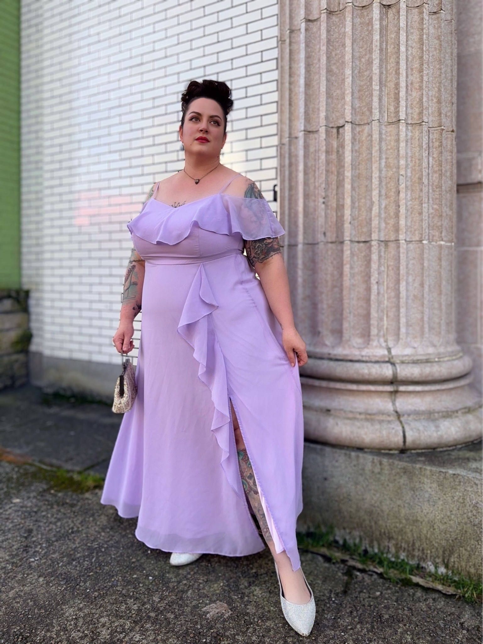 Lavender chiffon dress with off shoulder flutter sleeves and spaghetti straps.  Perfect for bridesmaid or wedding guest. 

#LTKOver40 #LTKWedding #LTKPlusSize