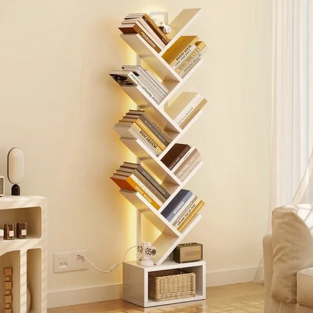 Casacomoda 8 Tier Tree Bookshelf, Bookcase with LED Lights, Display Floor Standing Storage Shelf, Book Organizer Shelves for Home Office, Living Room, White | Walmart (US)