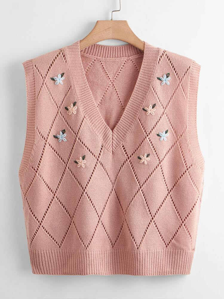 Plus Floral Embroidery V-neck Sweater Vest | SHEIN