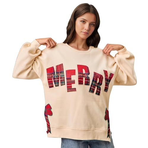 Xvceng Merry Christmas Sweatshirt for Women Plaid Pullover Long Sleeve Crew Neck Embroidered Outfits Fall Casual Cute Beige Xmas Holiday Tops With Side Bow Applique S | Amazon (US)