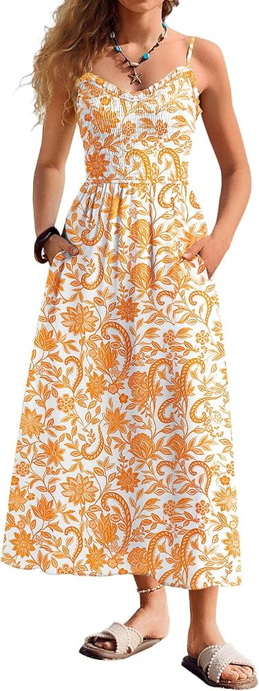 Kate Kasin Women Floral Maxi Dress Spaghetti Strap, Beach Boho Smocked Sundress, Summer Vacation ... | Amazon (US)